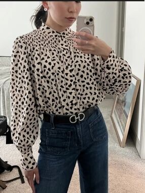 Thakoon Blouse Women's 12 Beige Black Spots Long-Sleeve